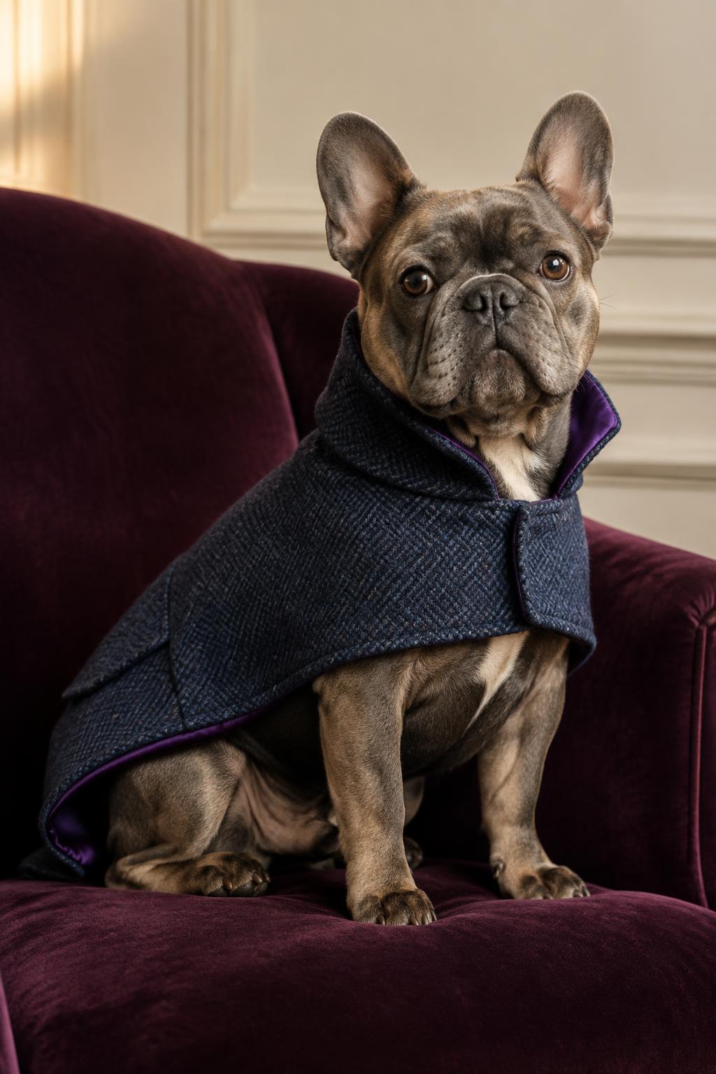 A French bulldog sitting in a deep plum velvet armchair