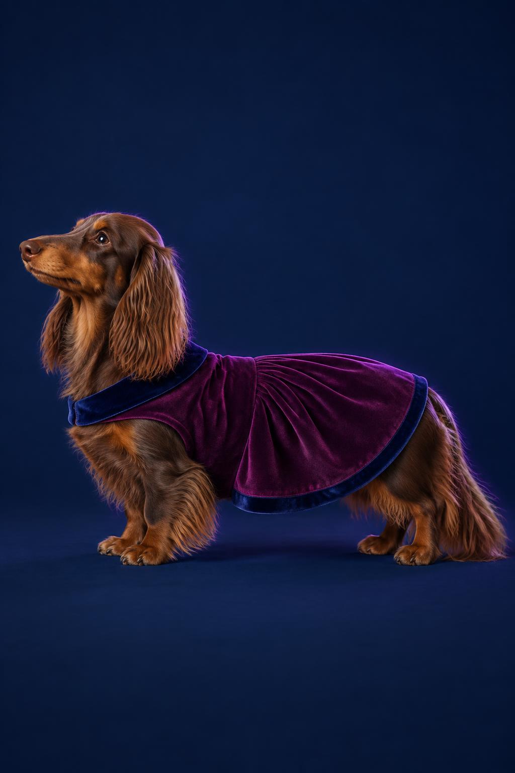 A long-haired dachshund photographed against a deep navy backdrop