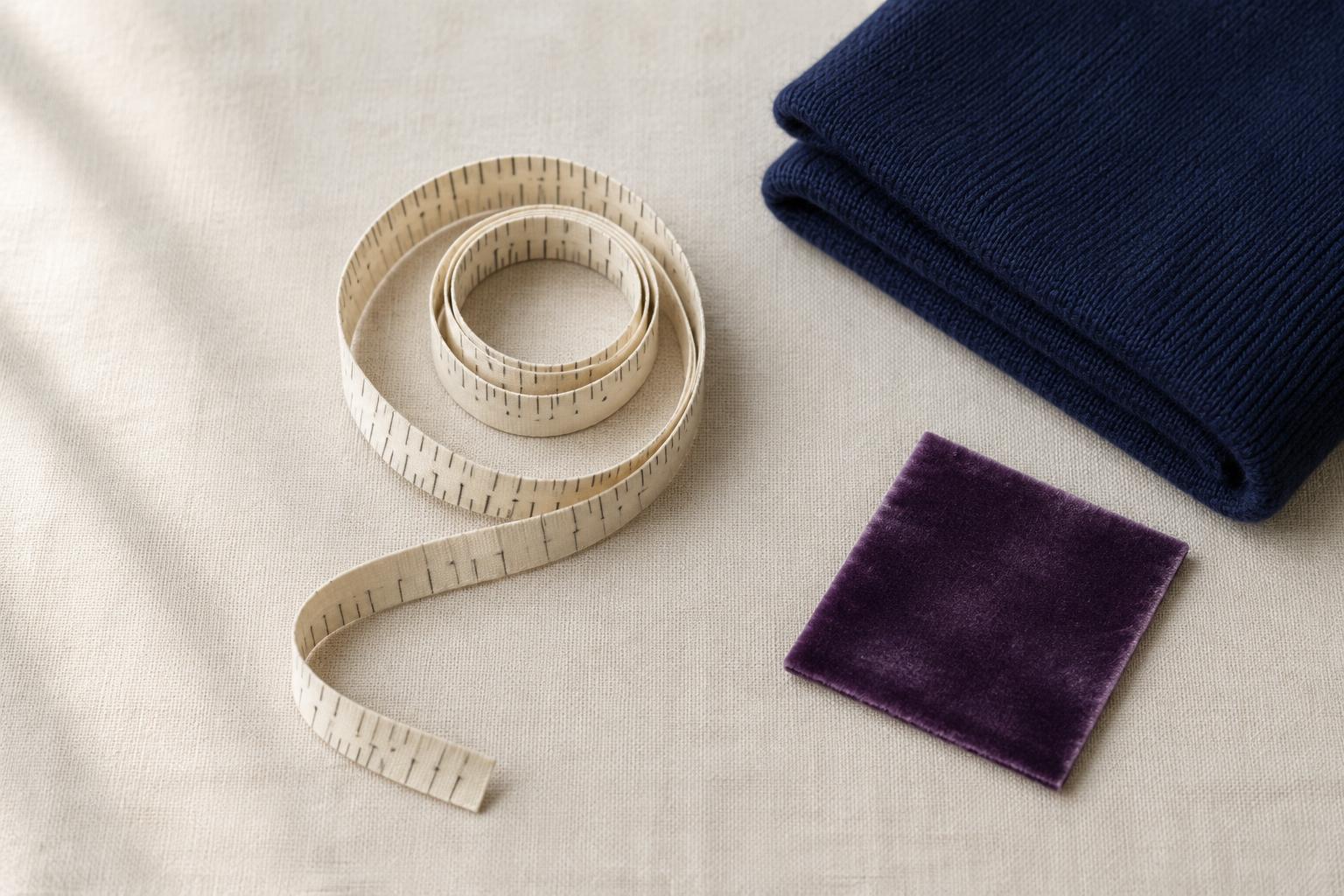 A coiled measuring tape on cream cloth beside folded navy and purple fabric